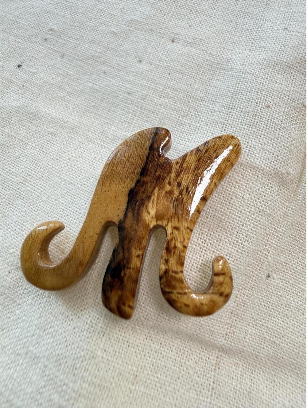 Handmade Wooden Letter M Brooch Glossy Initial Pin